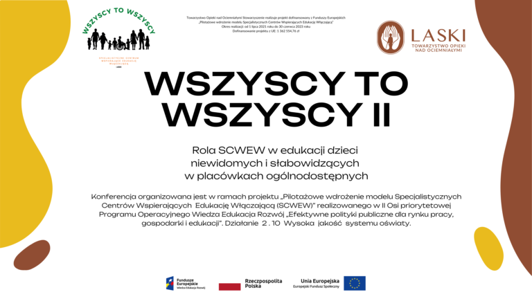 Plansza przedstawiająca konferencję "Wszyscy to wszyscy II". Znajdują się na niej logotypy zespołu SCWEW w Laskach i TOnOS oraz logotypy Funduszy Europejskich, flaga Rzeczpospolitej Polski i Unii Europejskiej.