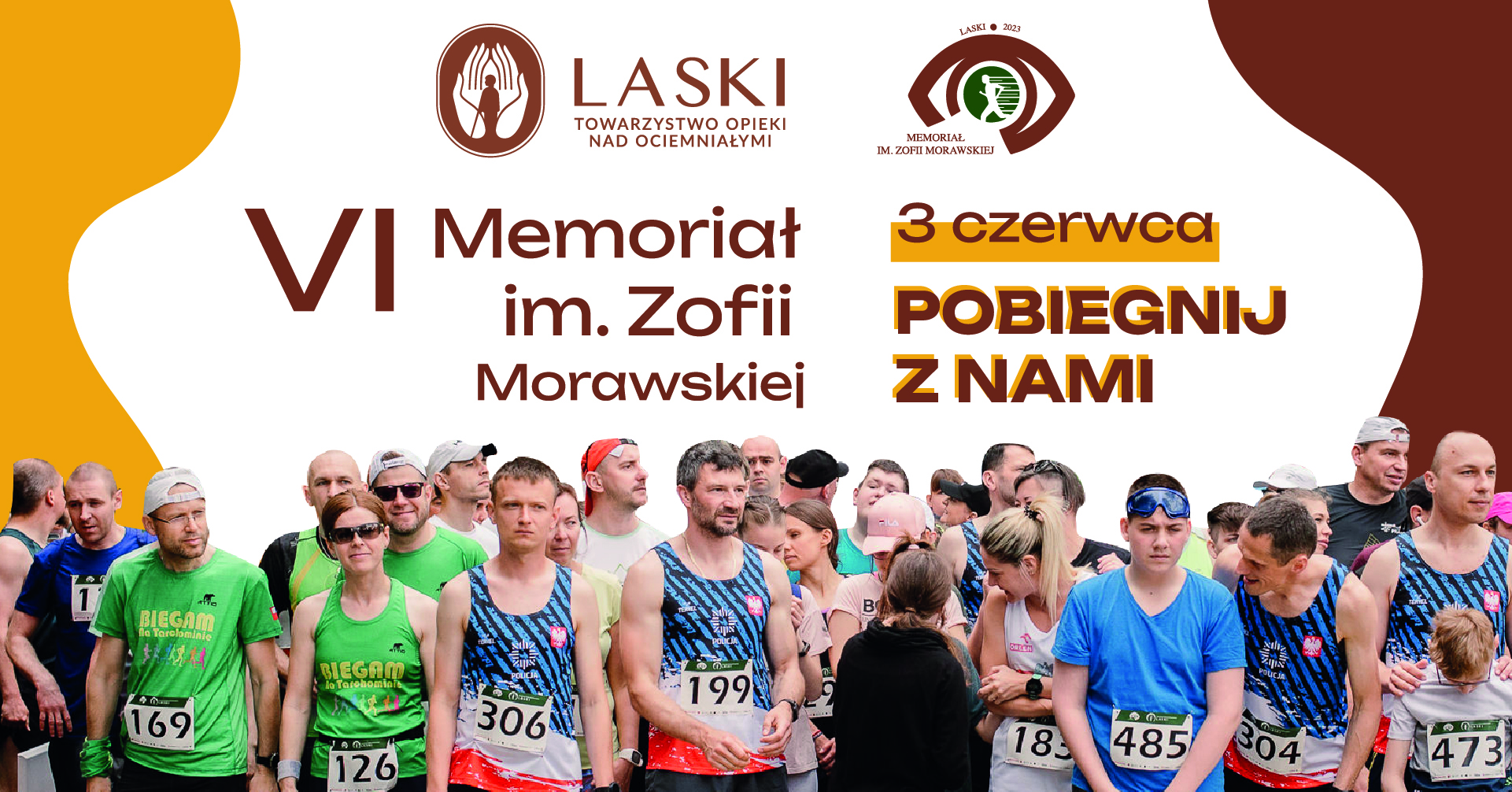 Grafika promująca Memoriał. Znajdują się na niej biegacze czekający na linii startu, logotyp Towarzystwa oraz Memoriału oraz napisy: VI Memoriał im. Zofii Morawskiej, 3 czerwca, Pobiegnij z nami!