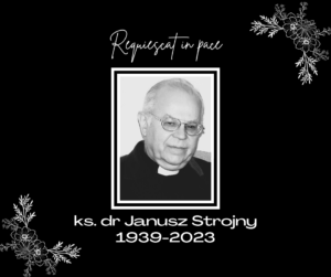 Czarno białe zdjęcie ks. Janusza Strojnego.