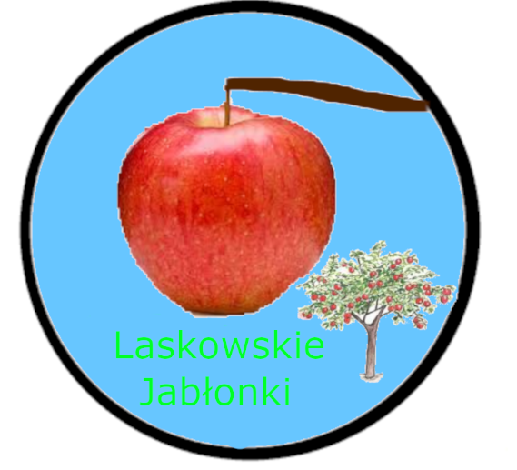 Logotyp przedstawiający jabłko wiszące na gałęzi, obrazek małej jabłoni i napis "Laskowskie jabłonki".