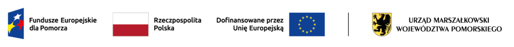 Logotypy: Fundusze Europejsie dla Pomorza, flaga Rzeczypospolitej Polskiej, flaga Unii Europejskiej, herb Urzędu Marszałkowskiego Województwa Pomorskiego
