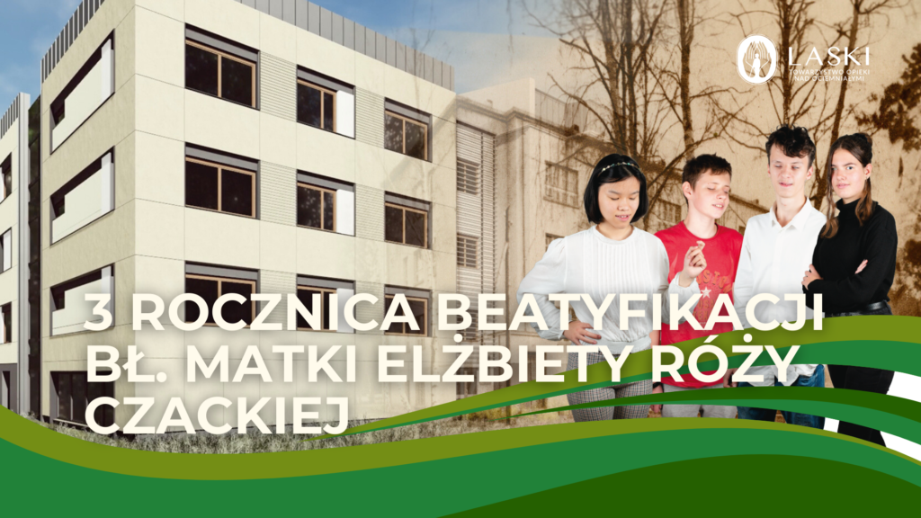 Wizualizacja nowego budynku internatu dla chłopców oraz uśmiechnięci uczniowie.