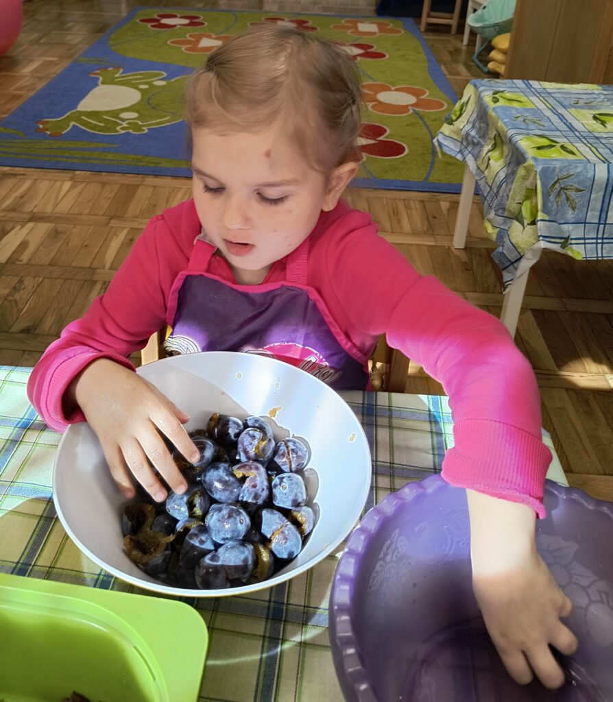 Dziewczynka dryluje śliwki.