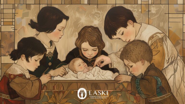 Ilustracja przedstawiająca piątkę dzieci w strojach z epoki dwudziestolecia międzywojennego pochylające się nad figurką dzieciątka Jezus w żłóbku.