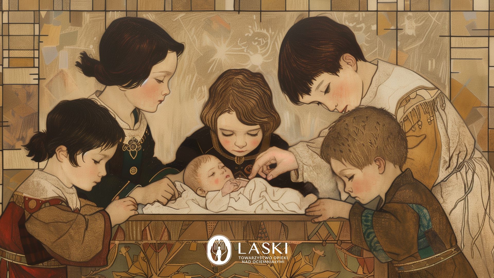 Ilustracja przedstawiająca piątkę dzieci w strojach z epoki dwudziestolecia międzywojennego pochylające się nad figurką dzieciątka Jezus w żłóbku.