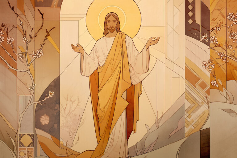 Ilustracja przedstawiająca Jezusa Zmartwychwstałego z uniesionymi rękami.