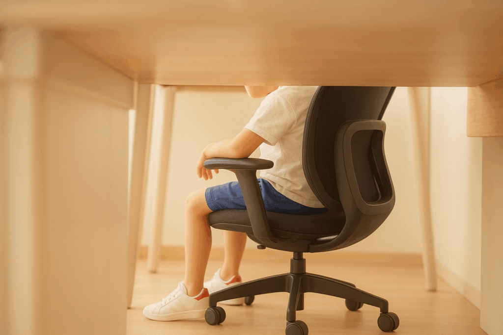 Chłopiec siedzi na krześle biurowym